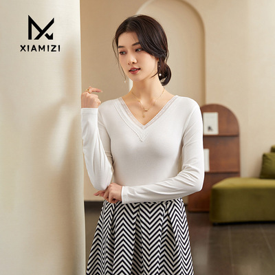 秋冬v领长袖针织打底衫女设计小个子修身显瘦百搭外穿t恤上衣毛衣