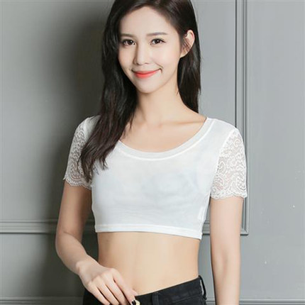 圆领网纱打底衫夏短袖女吊带裙内搭叠穿t恤上衣防晒蕾丝衫纱衣