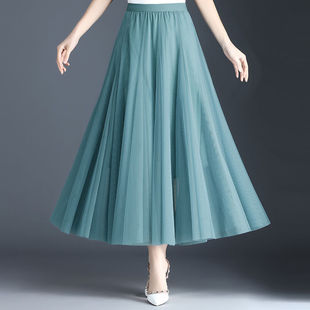 纱裙女半身裙2022春夏新款 百褶黑色网纱a字裙 百搭高腰显瘦中长款