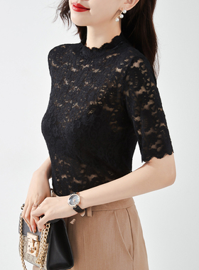 半高领蕾丝衫打底衫长袖女2024新款秋冬加绒内搭洋气性感蕾丝上衣