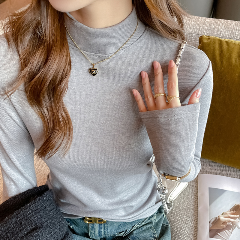 秋冬季仿羊绒半高领内搭打底衫女洋气高级感修身高弹磨毛加绒长袖