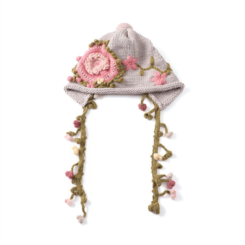 秋冬新款手工钩花针织帽女甜美可爱花朵流苏毛线帽子保暖护耳冷帽