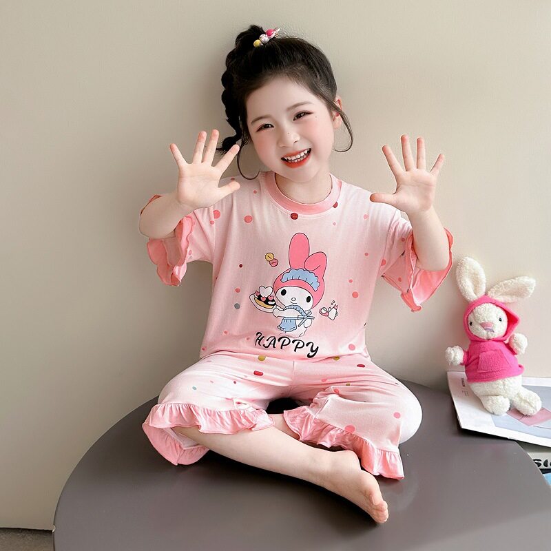 女童睡衣纯棉夏季薄款七分袖套装2026新款中大童女孩莫代尔空调服