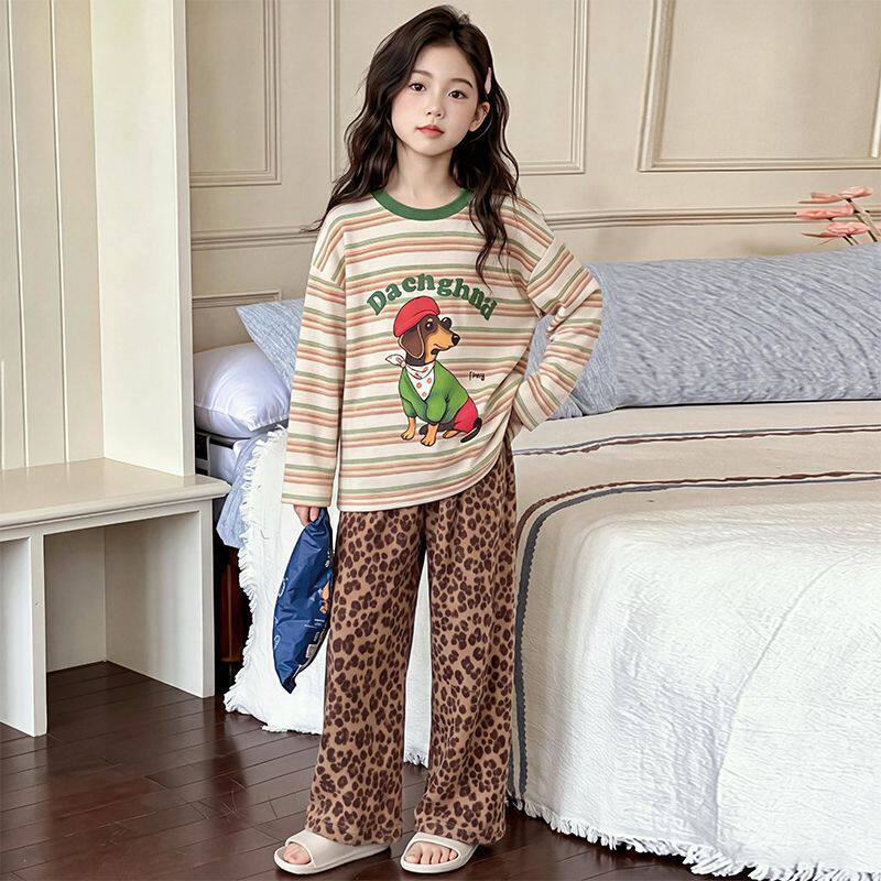 女童德绒秋冬豹纹家居服套装