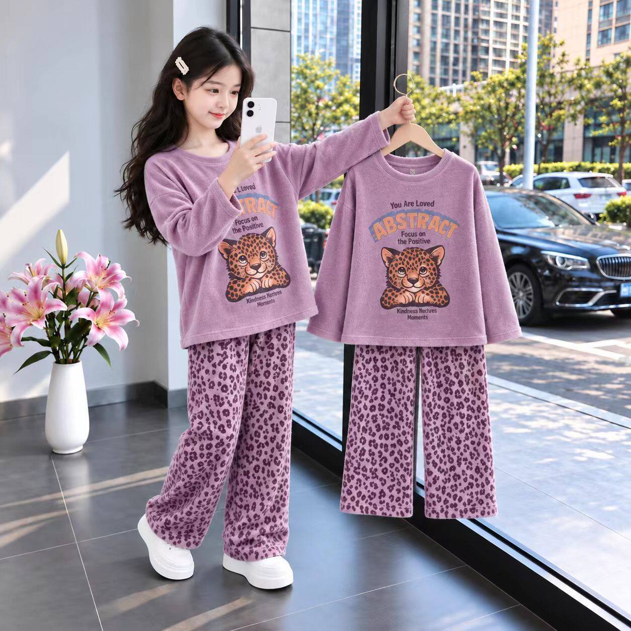 女童德绒豹纹保暖家居服套装