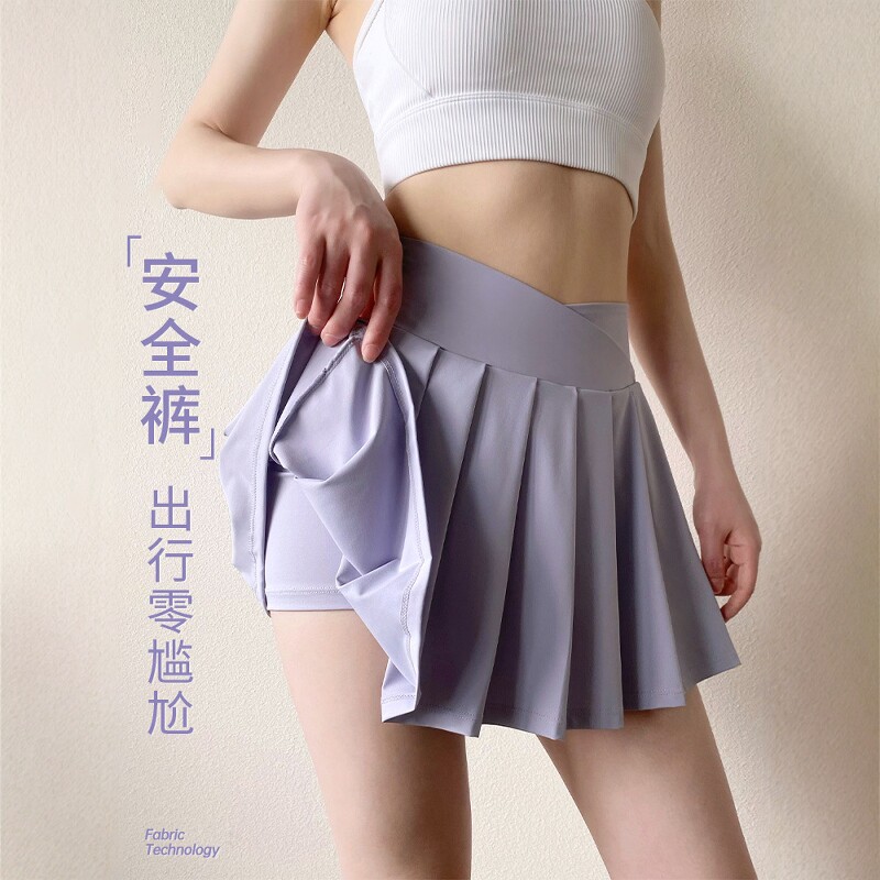 运动瑜伽短裙假两件带口袋防走光安全裤网球健身服速干透气百褶裙