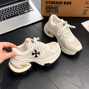 牛皮版~增高7.5cm十字花厚底老爹鞋女2025新款休闲运动跑步女鞋子