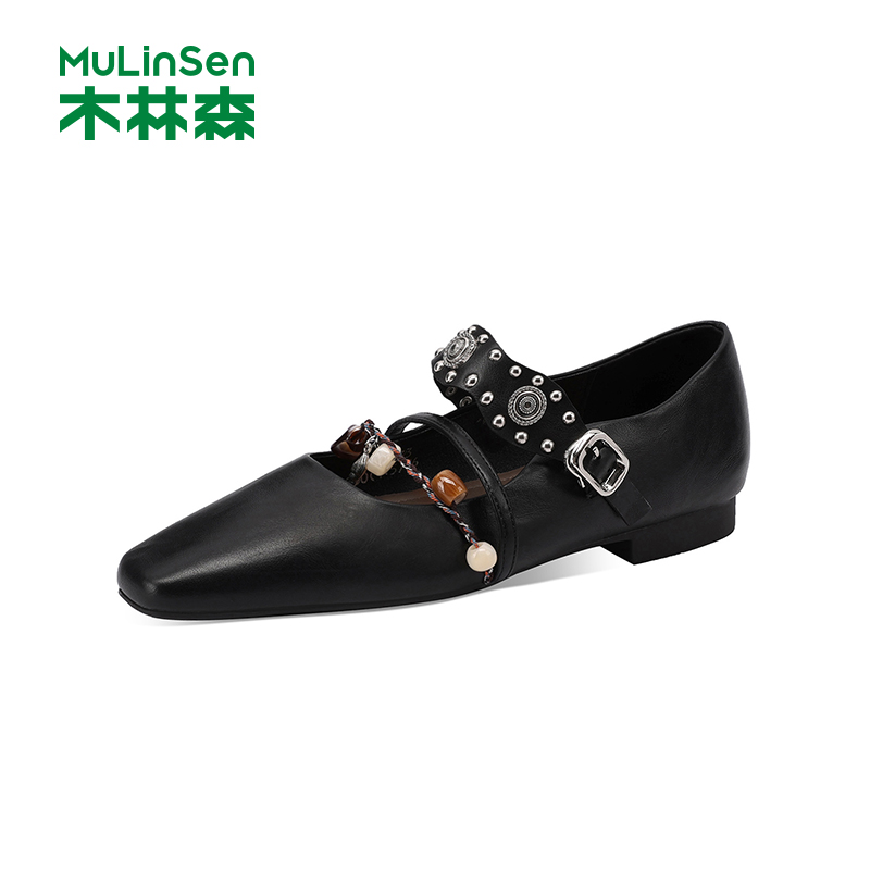 木林森双条带平底复古玛丽珍鞋