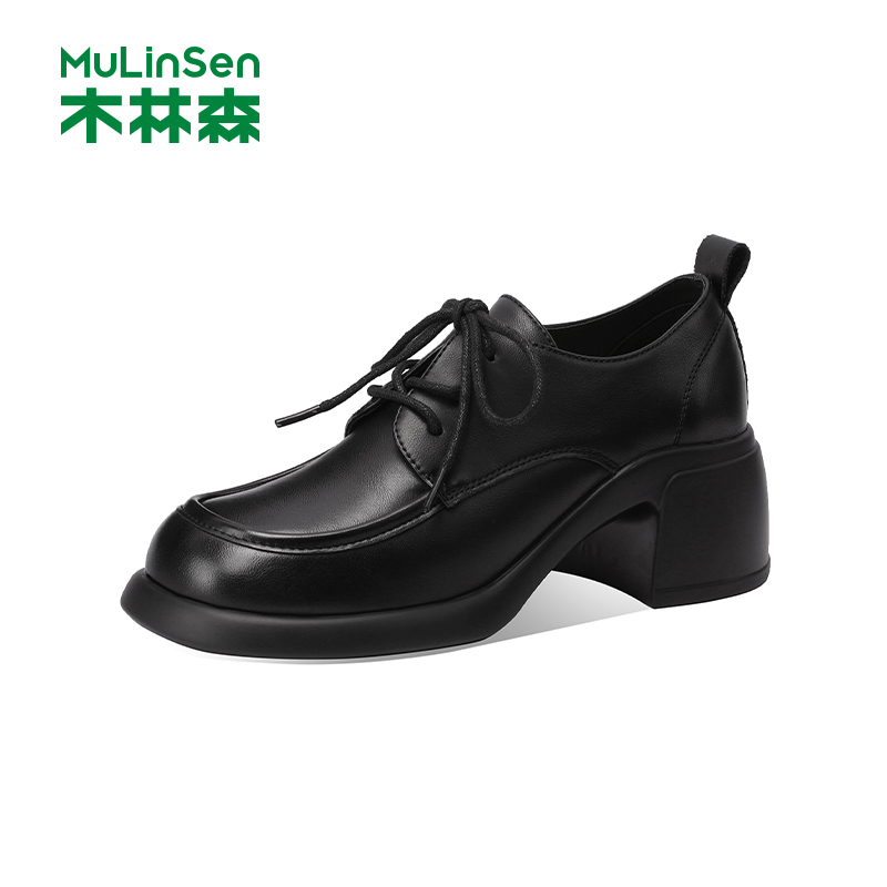 木林森圆头系带英伦风小皮鞋