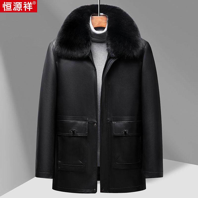 恒源祥男士真皮羽绒服头层绵羊皮老年中长款派克皮大衣黄金貂内胆
