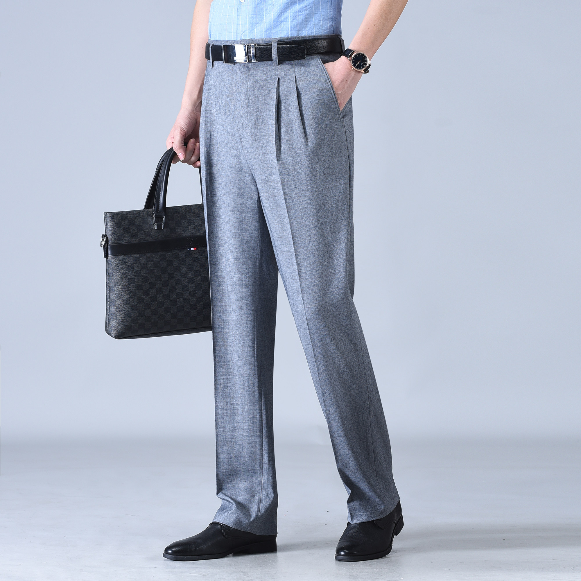 恒源祥双褶亚麻西裤男春夏薄款中老年爸爸商务休闲裤免烫西装裤