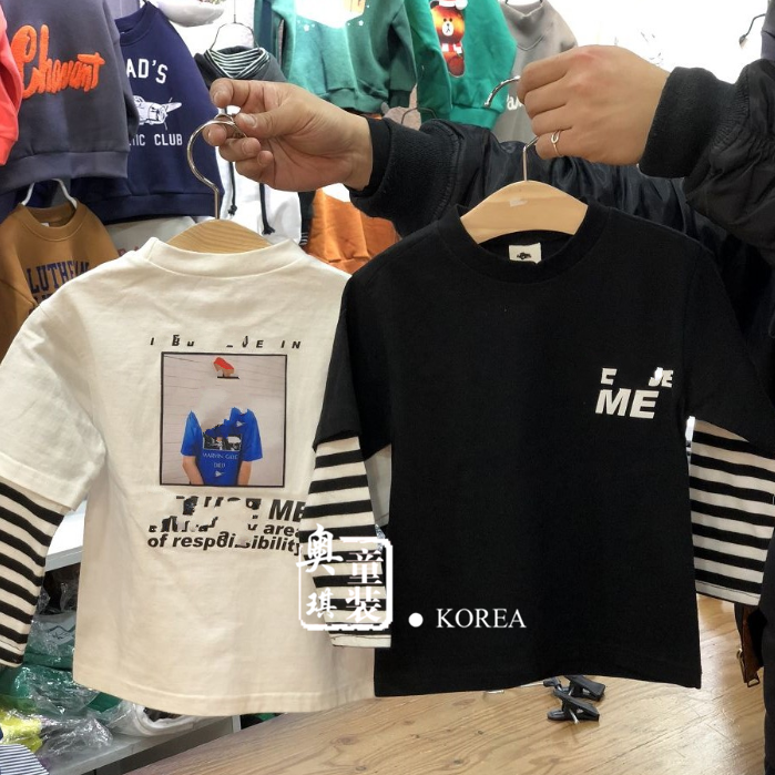 现货韩国进口童装春装新款男童女童假俩件T恤儿童T恤衫b019h