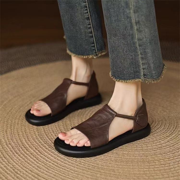 软皮版~小众复古厚底露趾凉鞋女夏季新款镂空休闲舒适平底罗马鞋