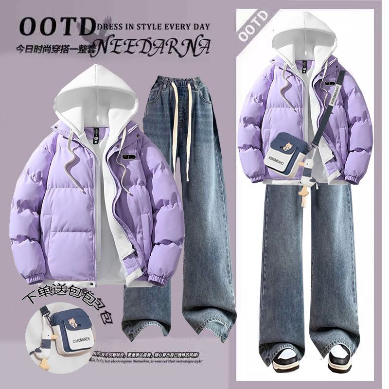 高初中生冬季保暖套装少女时尚宽松外套学生羽绒棉服牛仔裤套装潮