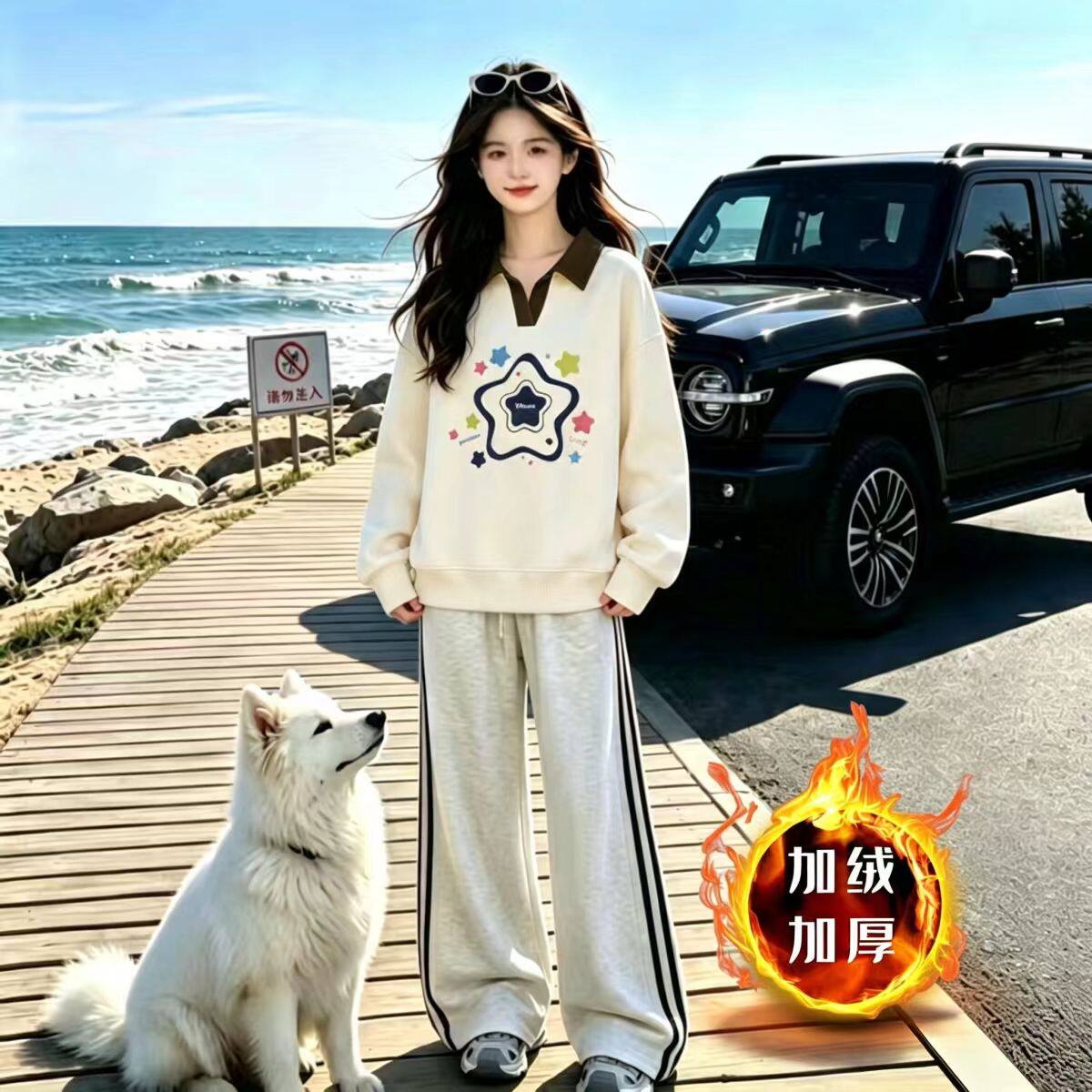 初中高中学生休闲运动套装女2026新款宽松加绒卫衣阔腿裤两件套装