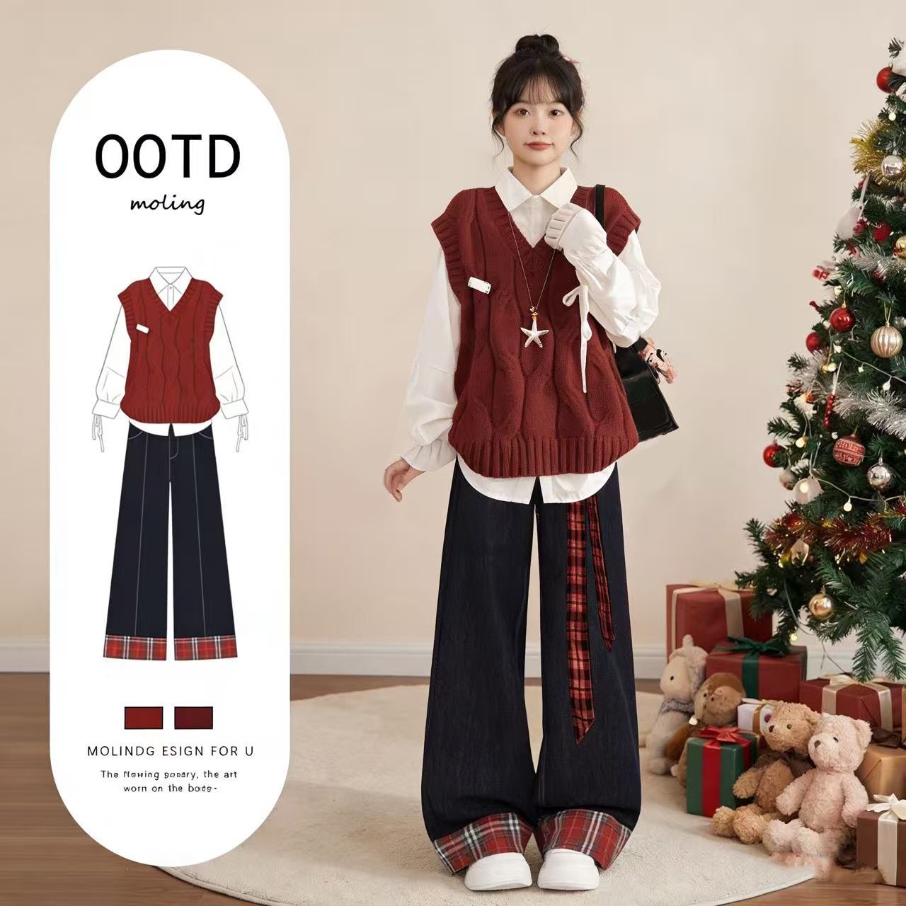 秋冬装搭配一整套女大童初中高中学生甜美红色马甲衬衫休闲裤套装