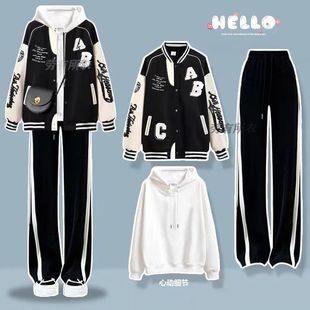 2023秋冬季三件套女学生韩版宽松棒球服外套+卫衣+休闲裤学院风