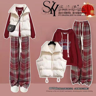 秋冬装搭配一整套女大童初中高中学生甜美加绒卫衣马甲休闲裤套装