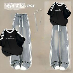 少女夏季甜酷短袖13岁一套衣服12初中学生14-17牛仔裤两件套装15