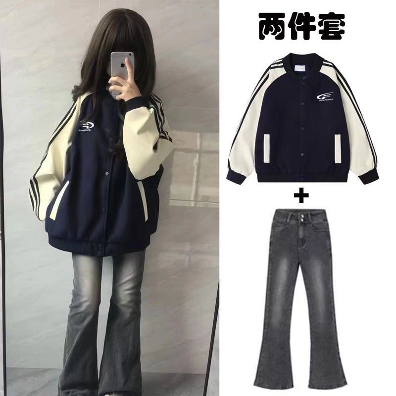 少女套装12-18岁初中学生13春秋韩版甜酷慵懒风外套牛仔裤两件套1