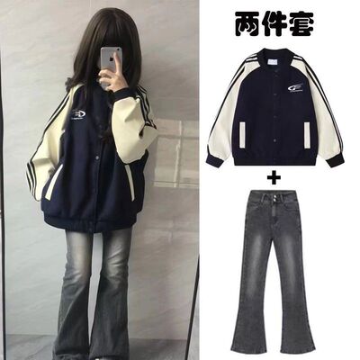 少女套装12-18岁初中学生13春秋韩版甜酷慵懒风外套牛仔裤两件套1