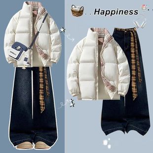 2025少女秋冬季新款高中生学院风羽绒棉服外套炸街牛仔裤两件套装