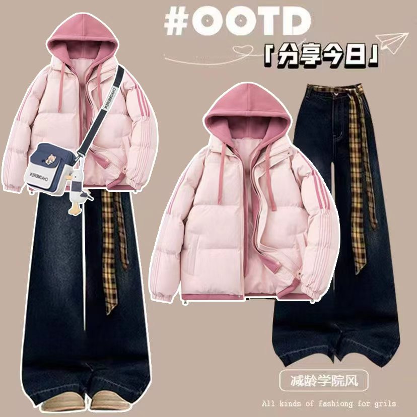 初中生秋女大童套装羽绒服加绒高中学生冬装2025新款牛仔裤两件套