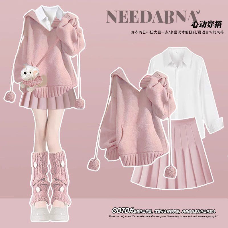 15少女春季甜酷毛衣衬衫13岁一整套初中学生14-17女孩百褶裤套装