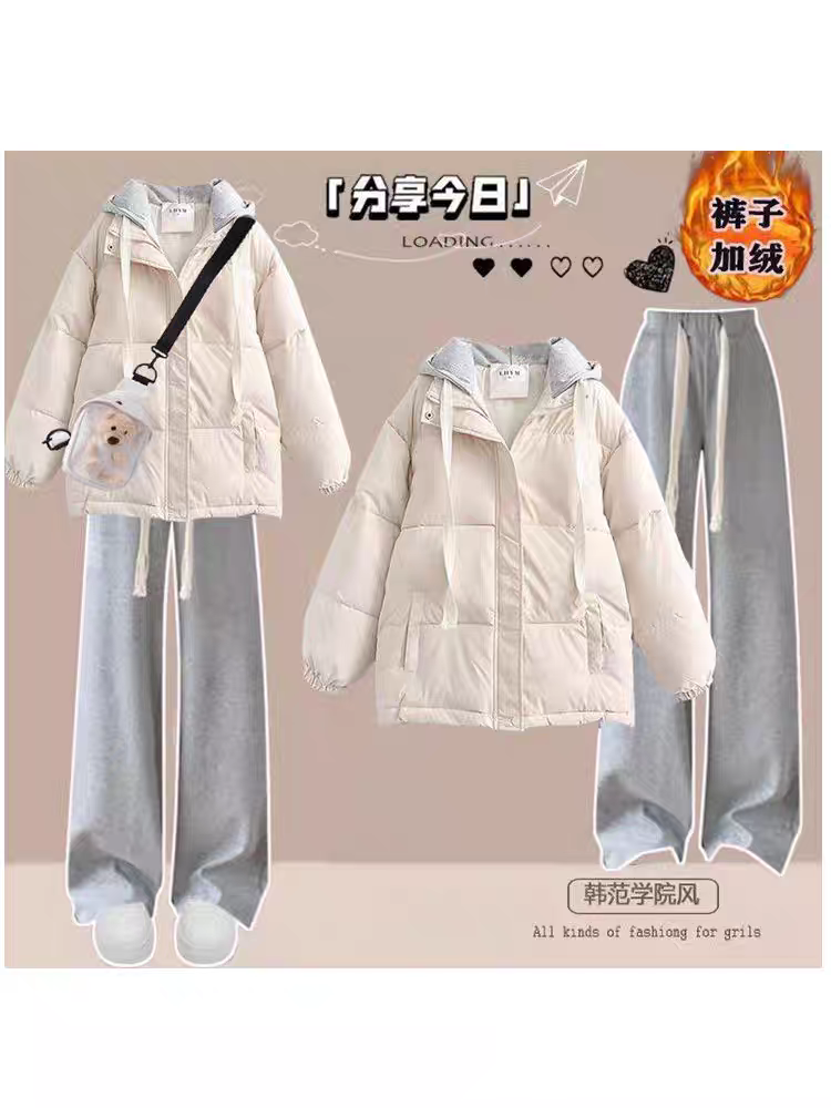 12到13一15岁大童女装秋冬套装初中学生羽绒棉服外套阔腿裤两件套