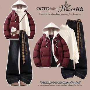 初中生时尚少女孩套装冬天甜美穿搭保暖棉服外套毛衣牛仔裤三件套