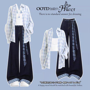 15少女春秋甜酷长袖衬衫13岁一整套初中学生14-17女孩牛仔裤套装