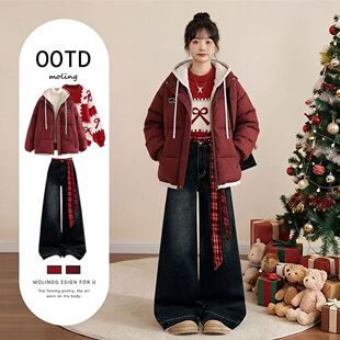 少女套装12-18岁初中学生13秋冬甜美甜酷风羽绒棉服牛仔裤三件套1