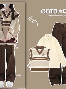 15少女秋季衬衫马甲13岁一套衣服12初中学生14-17少女工装裤套装