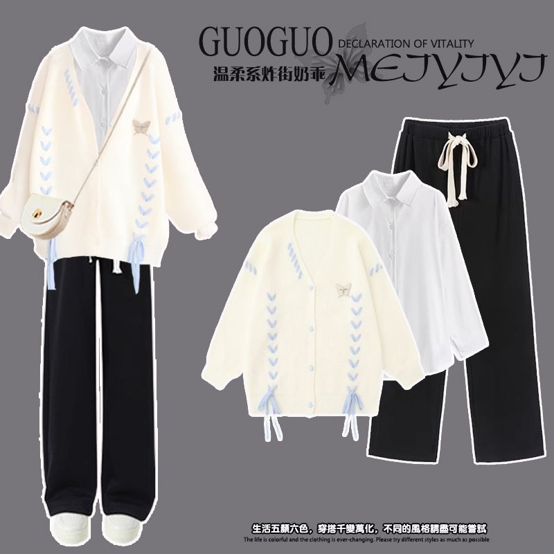 秋冬装搭配一整套女大童初中高中学生甜美毛衣衬衫加绒休闲裤套装