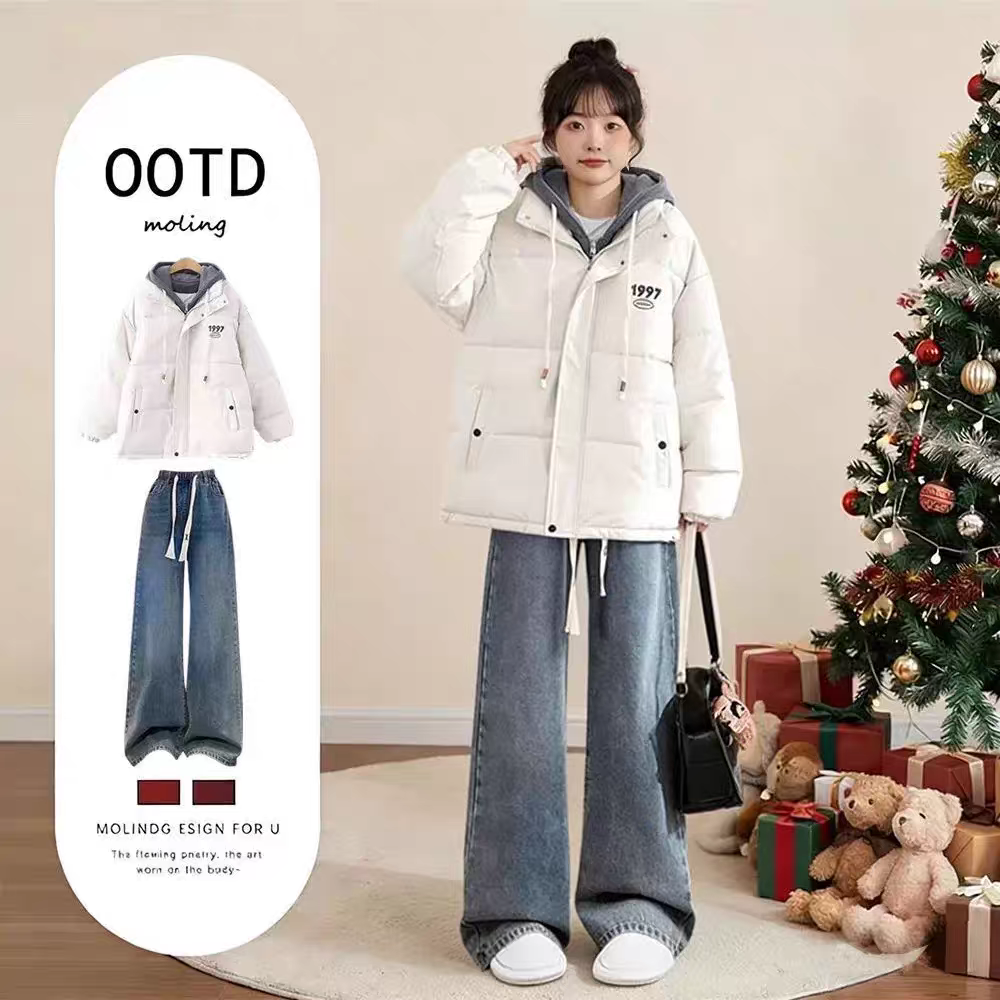 2025少女秋冬季新款高中生学院风羽绒棉服外套加绒牛仔裤两件套装