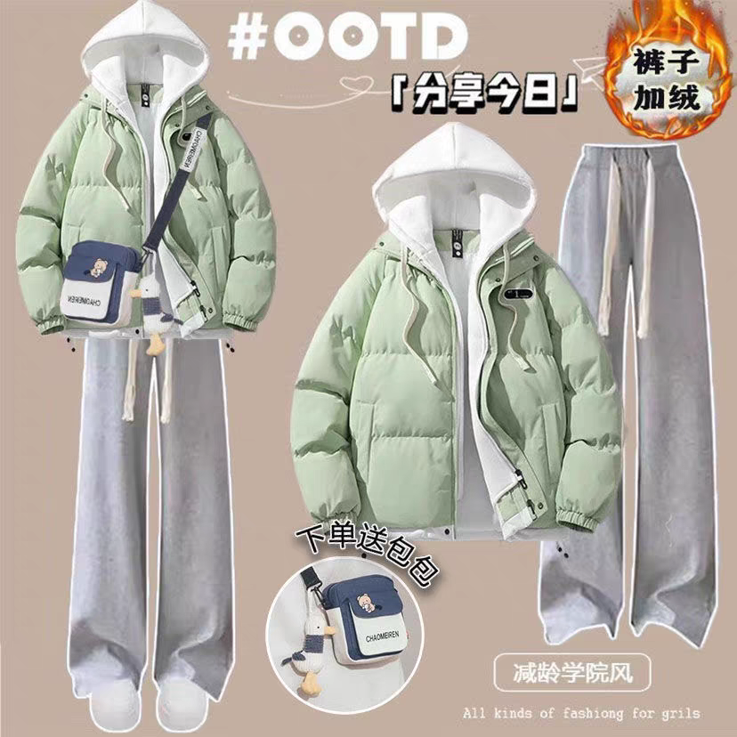 11-17岁初中学生套装女2025秋冬大童少女棉服外套+运动裤两件套装