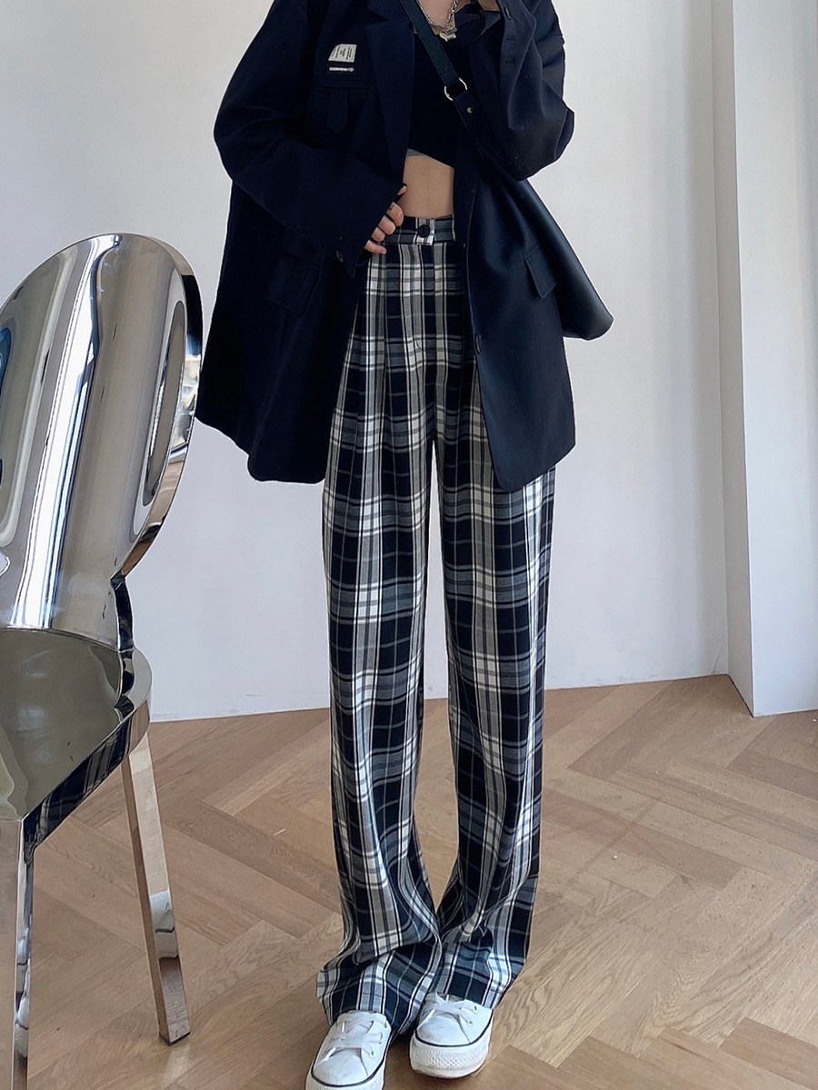 黑白格子裤女大码高腰显瘦百搭垂感宽松拖地休闲直筒西装阔腿裤子