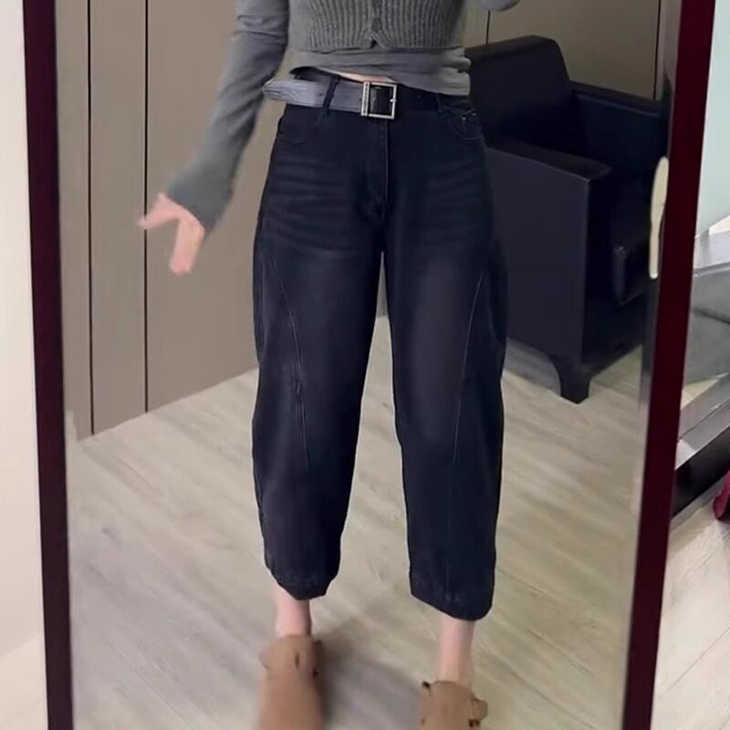 黑灰色高腰哈伦牛仔裤女春季新款牛仔裤