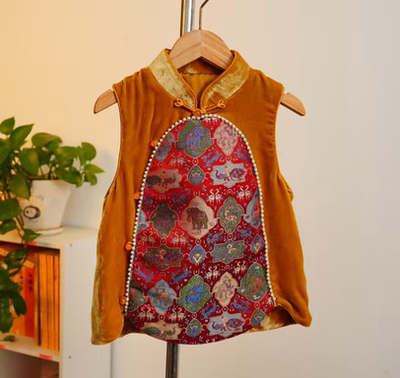 卓苗儿童真丝马甲男女童宝宝桑蚕丝唐锦拼接桑蚕丝丝绒马甲周岁礼