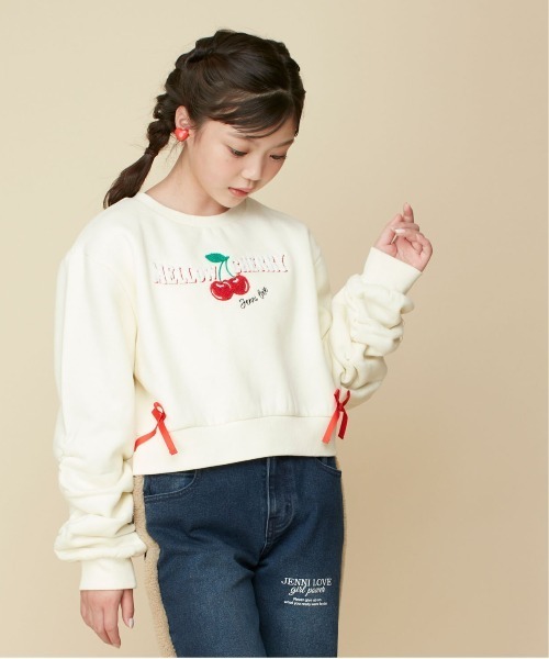 不退换日系潮品纯色翻领套头卫衣女童童装柔软舒适抓绒樱桃刺绣