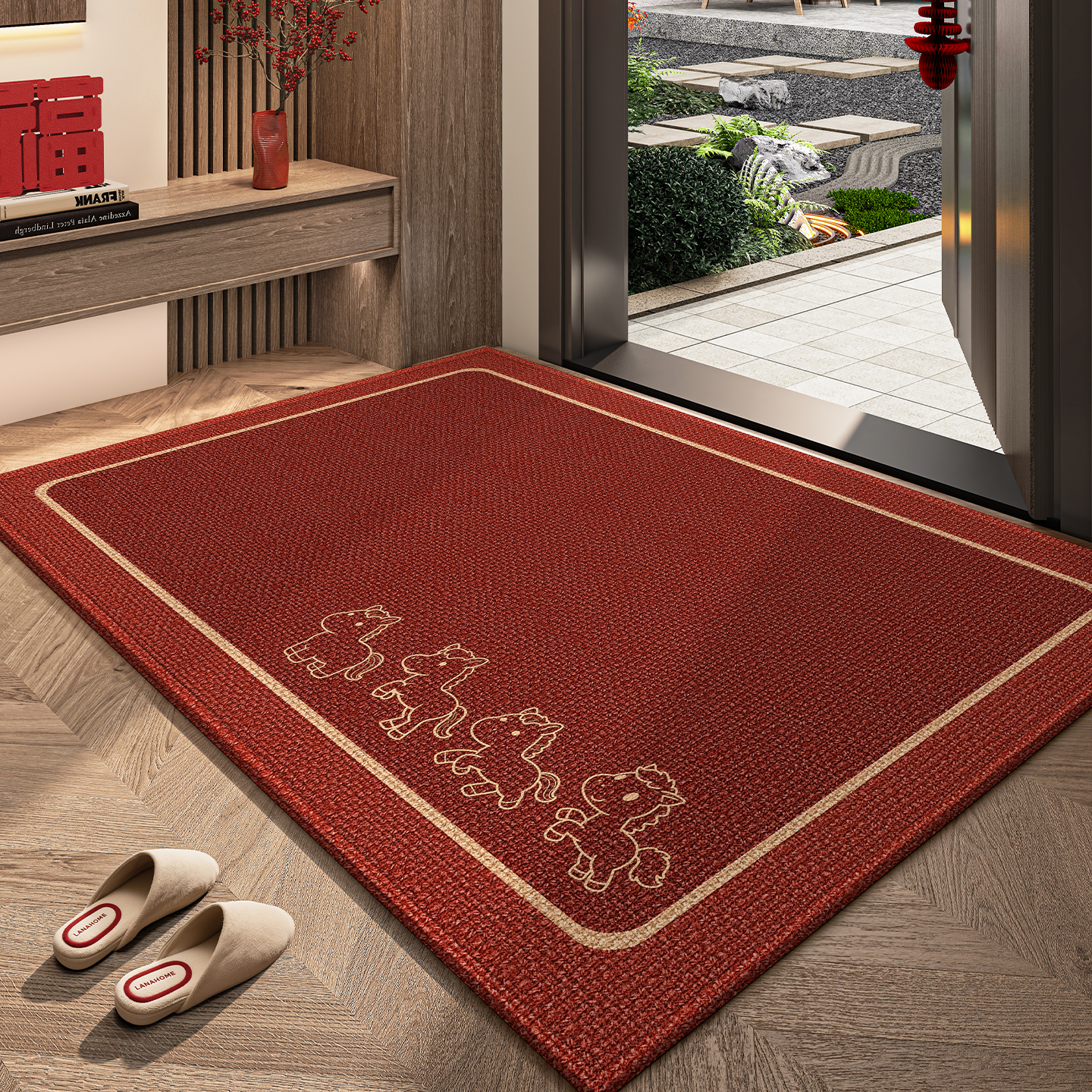 新款马年红色入户门地垫喜庆防滑除尘耐磨入户脚垫玄关大门口地毯