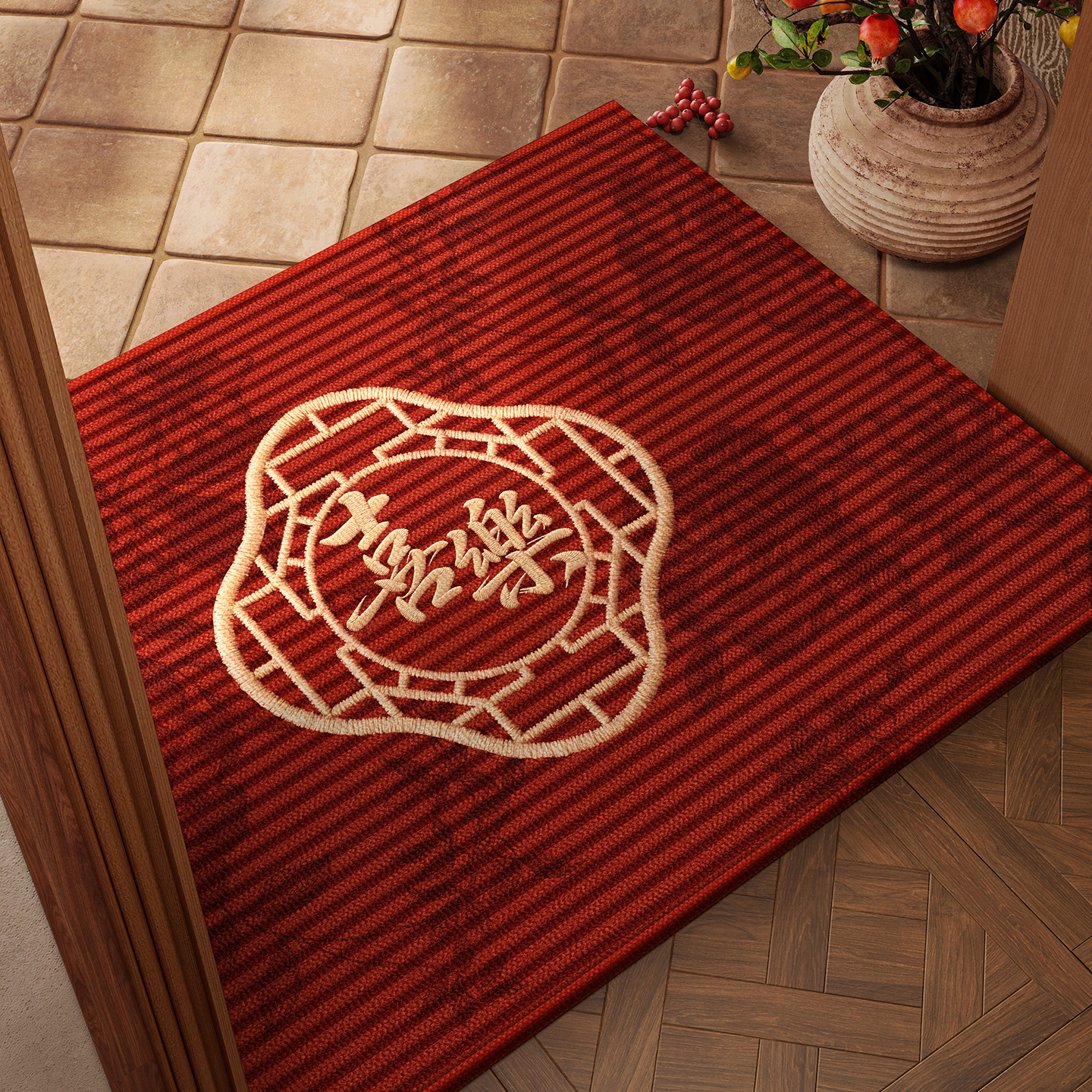 新年入户门地垫红色进门脚垫玄关家用入户乔迁喜庆门口除尘地毯垫