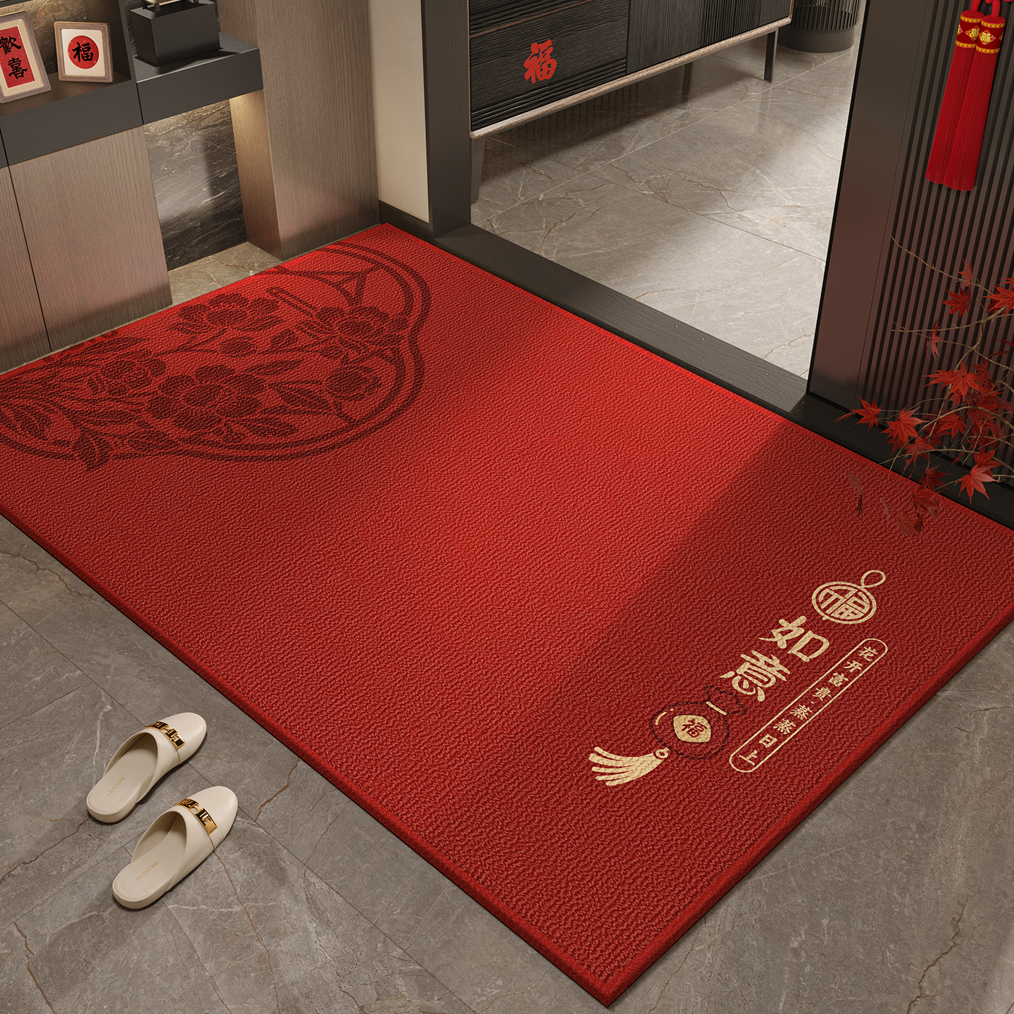 入户门地垫喜庆家用新款红色地毯耐脏防滑进门玄关蹭脚垫子高级感