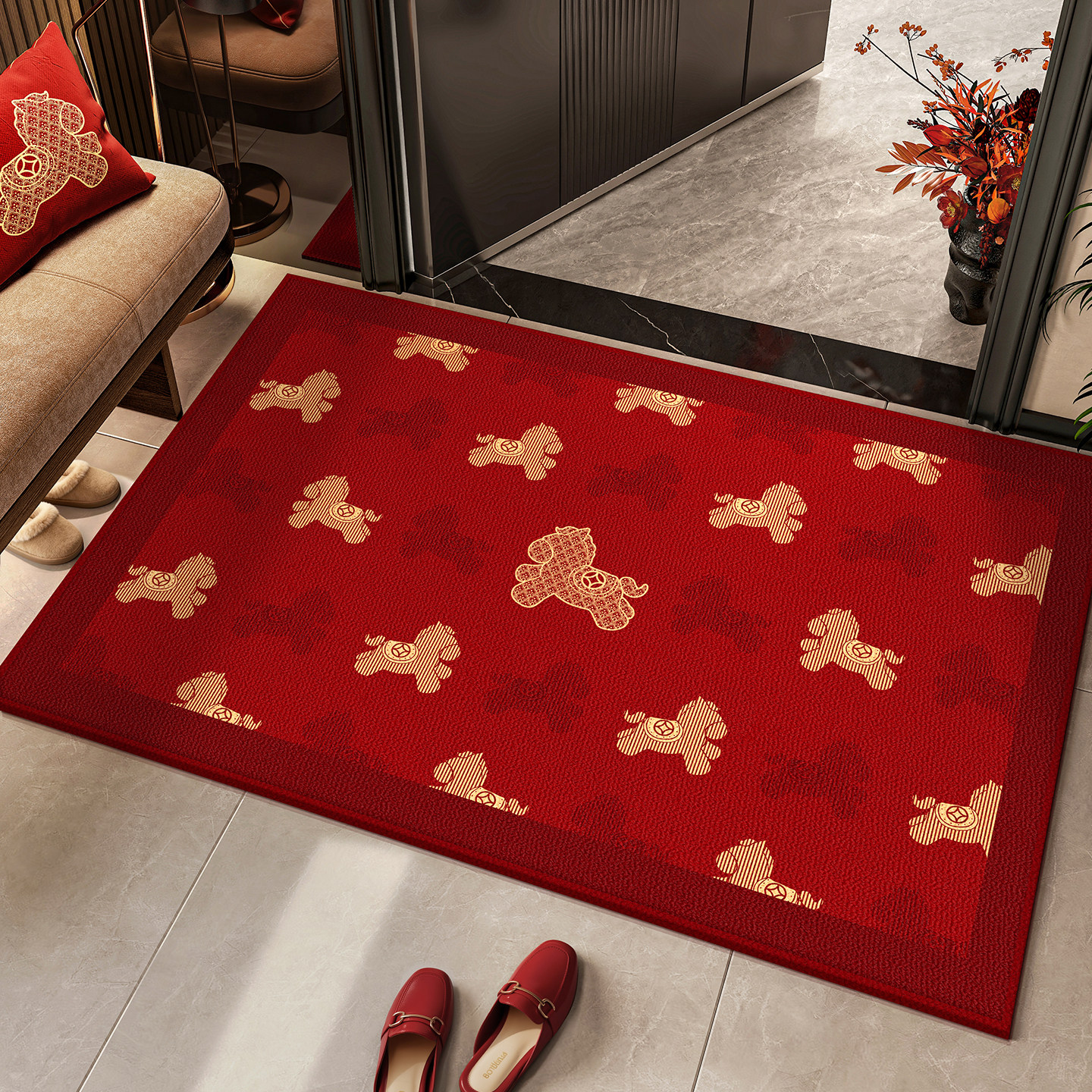 红色进门垫入户门地垫马年新款喜庆防滑门口脚垫入户家用除尘地毯