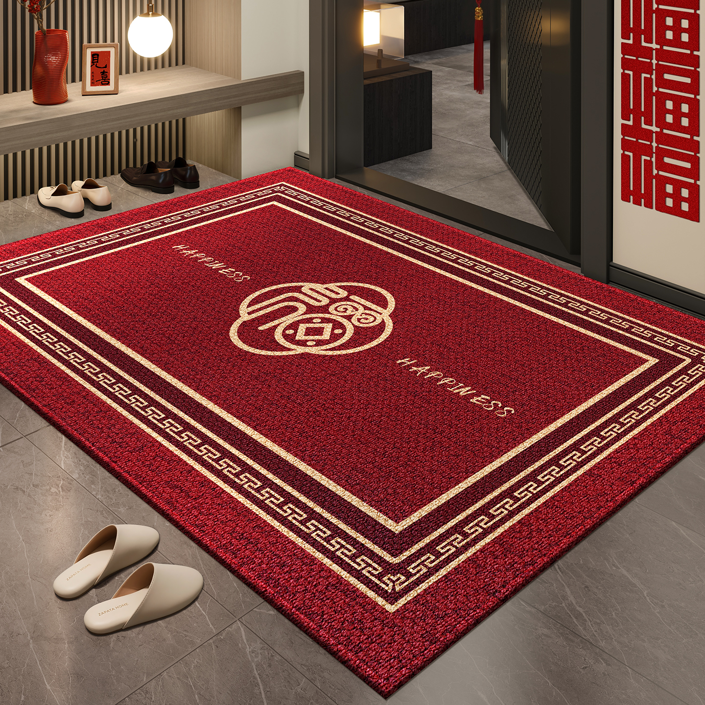 新款入户门地垫中式高级感进门大门口防滑地毯红色喜庆入门脚垫子