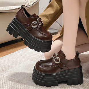 增高9cm松糕懒人乐福鞋 新款 女英伦风2024年秋冬季 厚底加绒小皮鞋