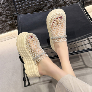 厚底镂空编织拖鞋 外穿2026年夏季 新款 增高8cm包头松糕半拖 女时尚