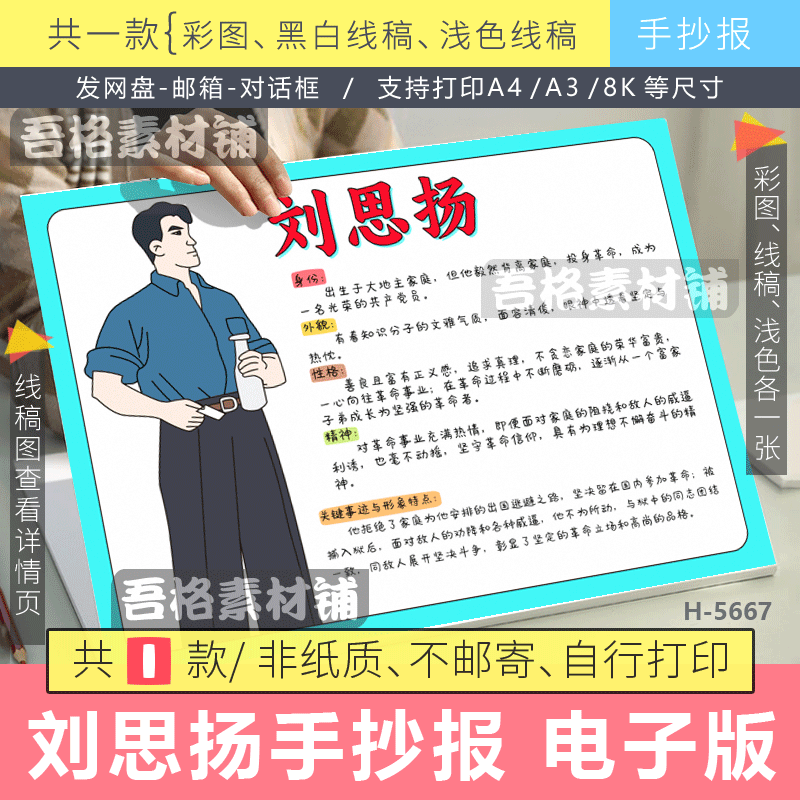 红岩人物卡刘思扬手抄报模版电子版初中红色主题名著阅读书线描稿