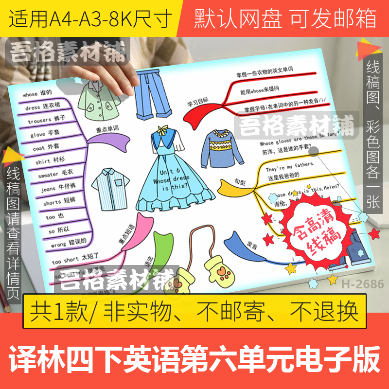 译林版英语四下第六单元谁的衣服思维导图手抄报模板电子版线稿8k