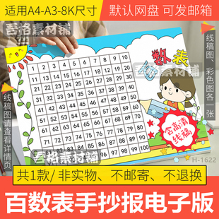 百数表手抄报模板电子版小学生一二年级数学手抄报线稿A3A48K